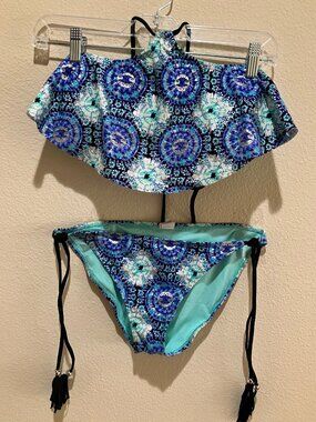 SO Bikini Boho Mermaid Blue Metallic Tie Side Ruffle Festival Beach Swimwear